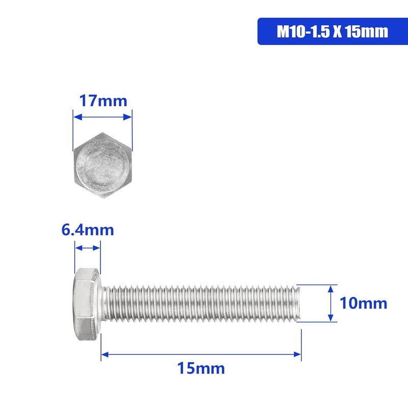 Instockbolts M10-1.5 X 15 Hex Head Screw Bolt, 304 Stainless Steel 18-8 Hex Head Bolts, DIN 933 Pack of 10 - Image 2